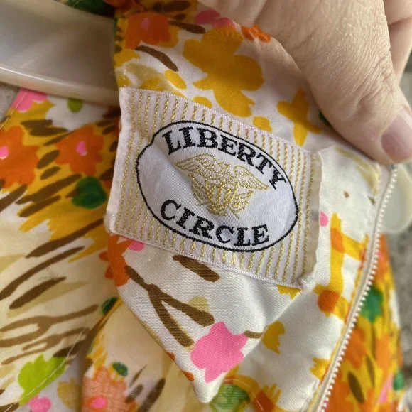 Vintage 60’s Liberty Circle Orange Yellow Floral Sleeveless Dress Belted